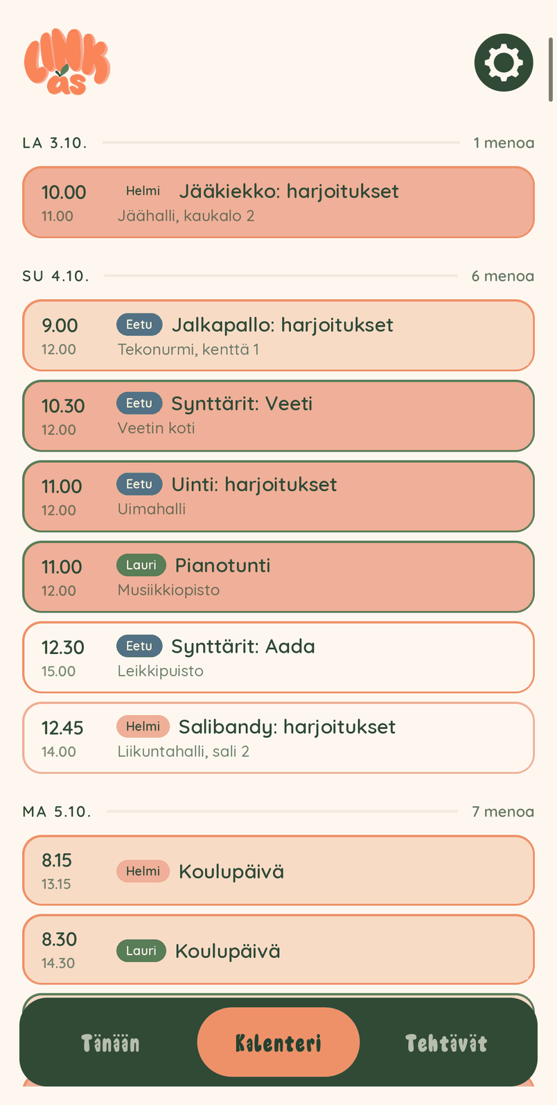 LINKasin kalenteri, jossa koko perheen menot viikon ajalta