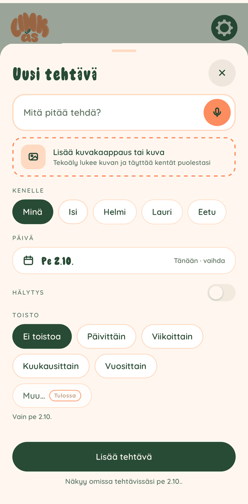 Uusi tehtävä: kirjoita, kuvaa tai sanele, valitse kenelle ja mille päivälle